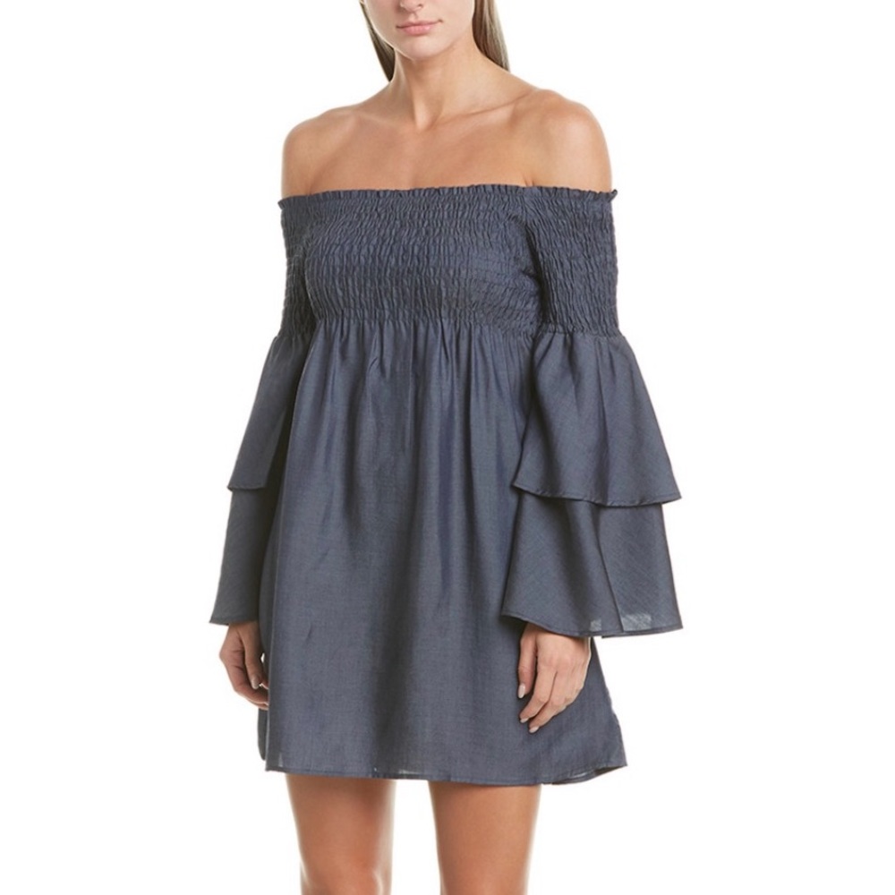 Blue Off the Shoulder Ruffle Cuff Dress